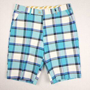 Loudmouth Men's Golf Shorts Sz 34‎ Plaid Blue Teal Black 100% Cotton Preppy Bold